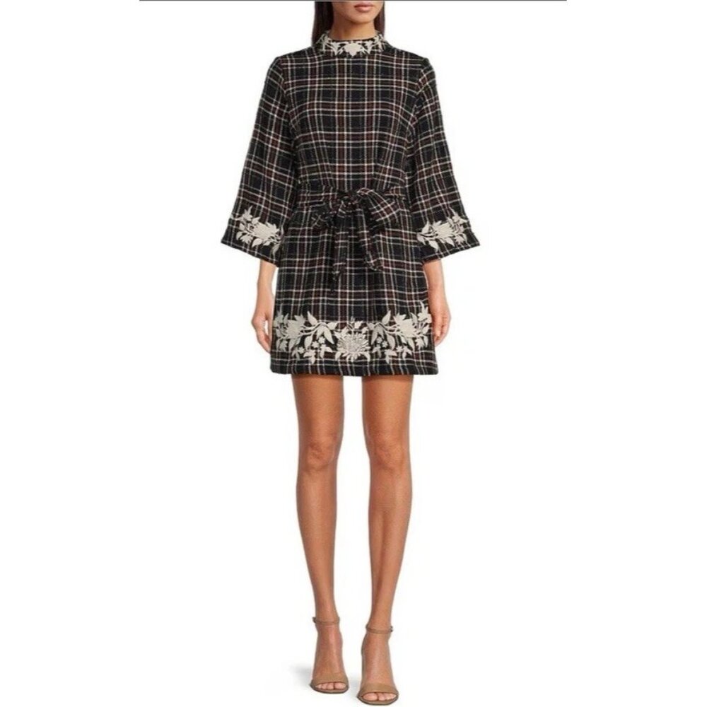 Fanm Mon MEDIUM Layla Tweed Mini Dress Mock Neck Blue Plaid Embroidered NEW